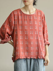 Women Loose Plaid Agaric Cotton Linen Laces T-shirt
