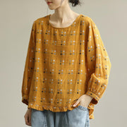 Cotton Linen Women Loose Plaid Agaric Laces T-shirt