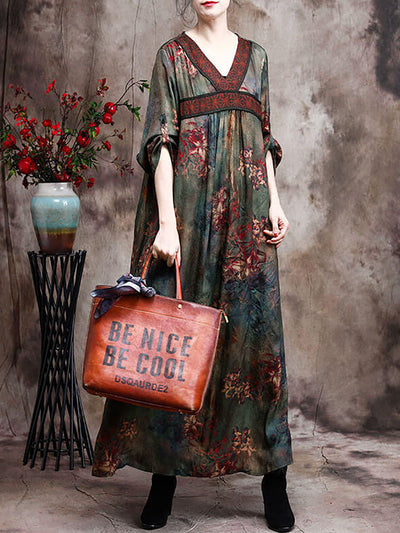 Women Retro Rayon Flower Maxi Dresses