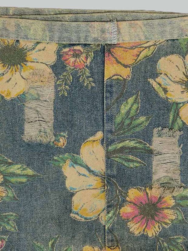 Flower Print Casual Denim Cotton Jumpsuit Dungarees