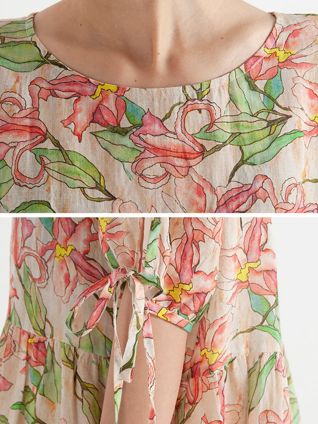Floral Ramie Summer Short Sleeve Loose Dress